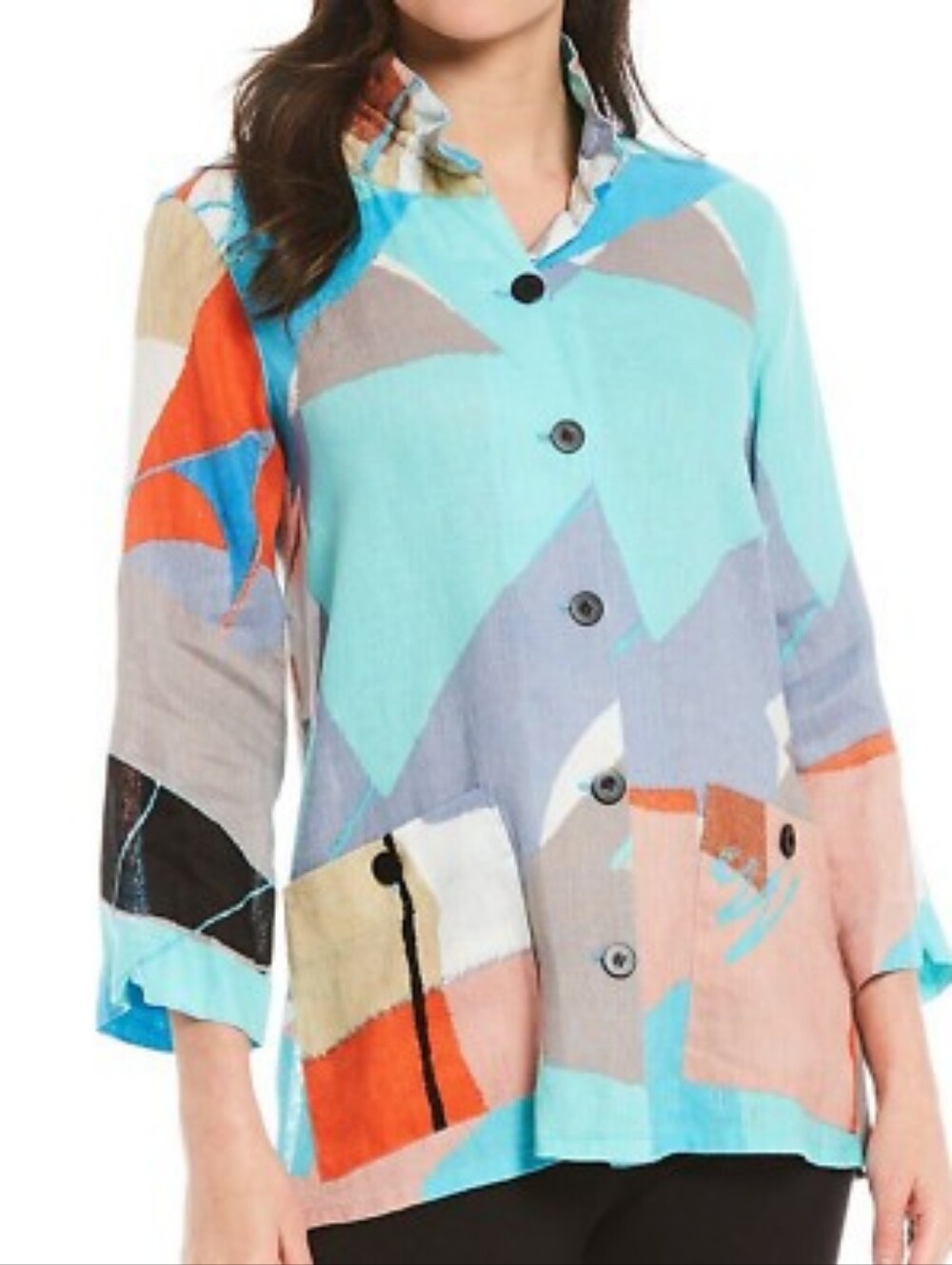 ALI MILES 100% Linen Tunic Women's PXL Colorful Geometric Pockets Art Button Up
